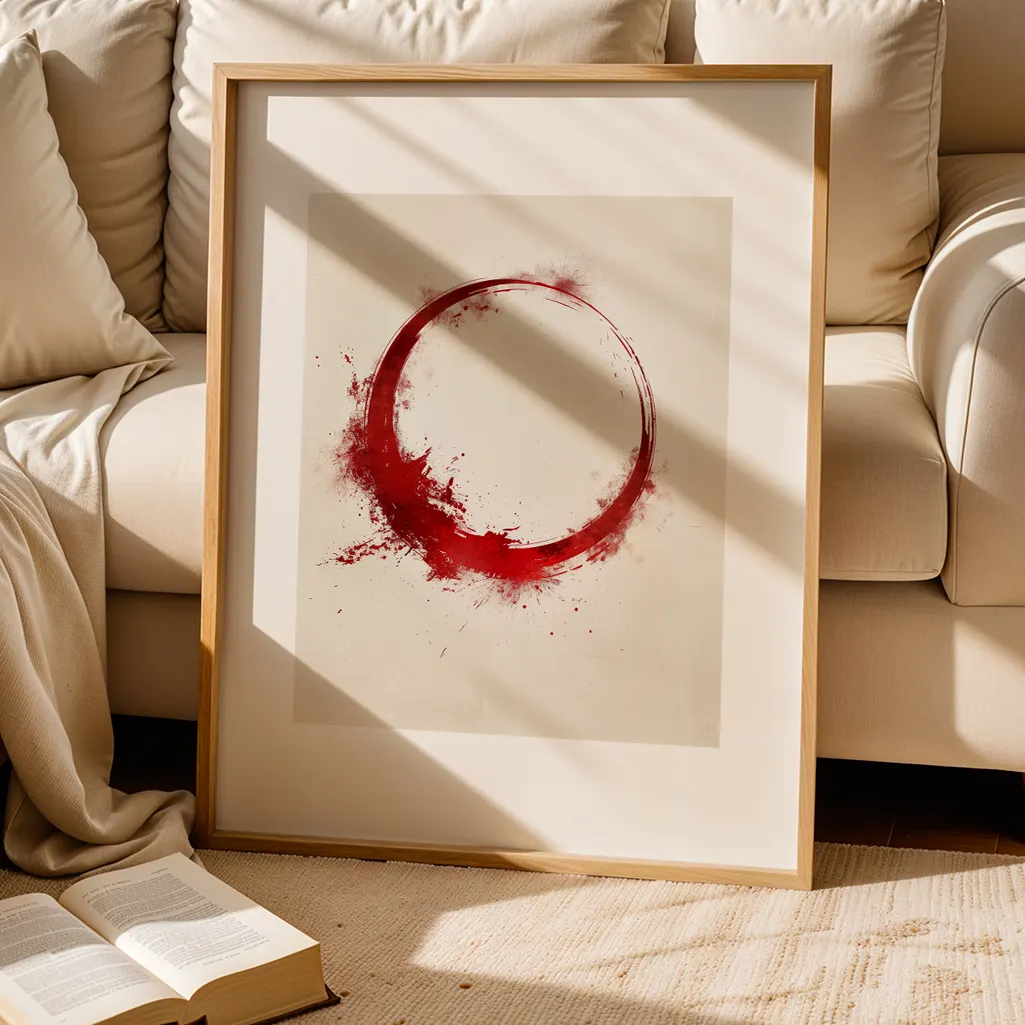 Framed red Ensō print leaning against a cream couch with a blanket and an open book on the rug.