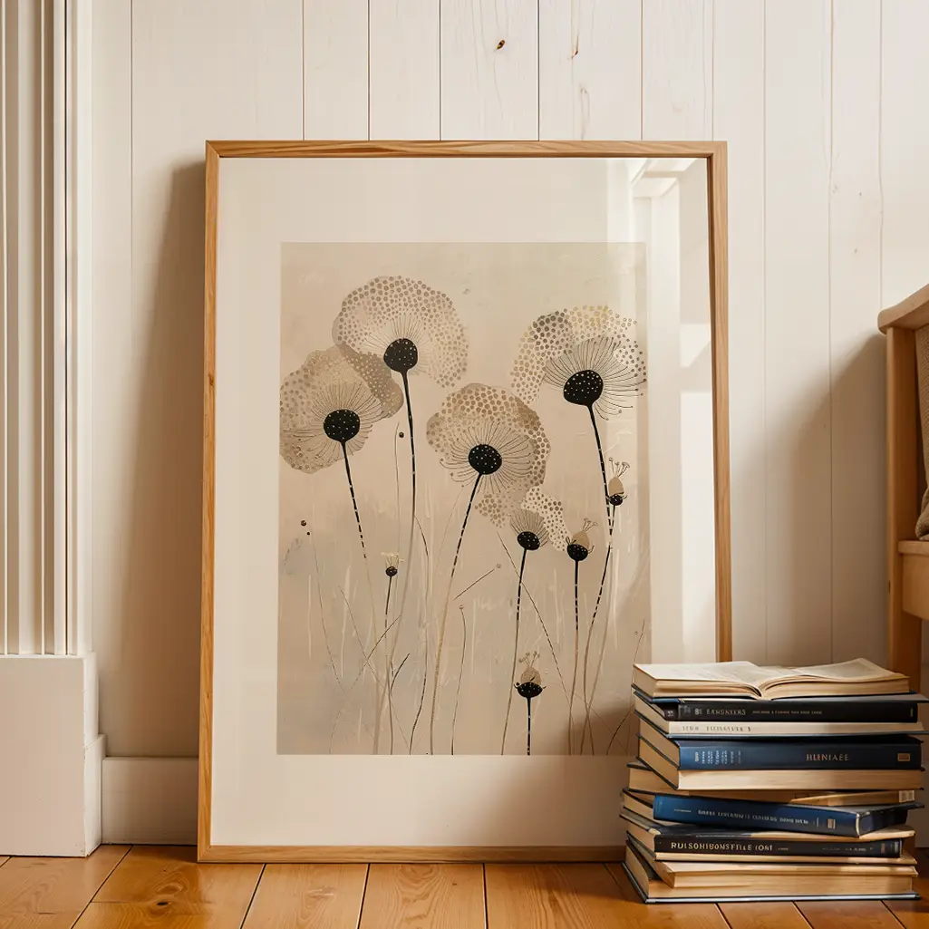 Framed botanical print of abstract dandelion flowers leaning against a white wooden wall next to a stack of books.