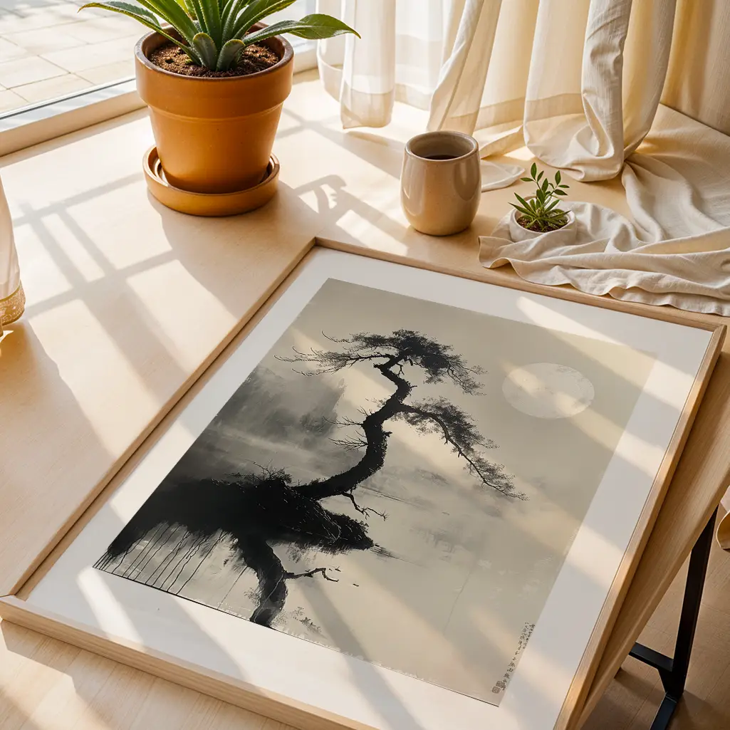 Overhead shot of a framed sumi-e print of a gnarled tree and full moon on a light wooden table, next to a potted plant and a small white cup.