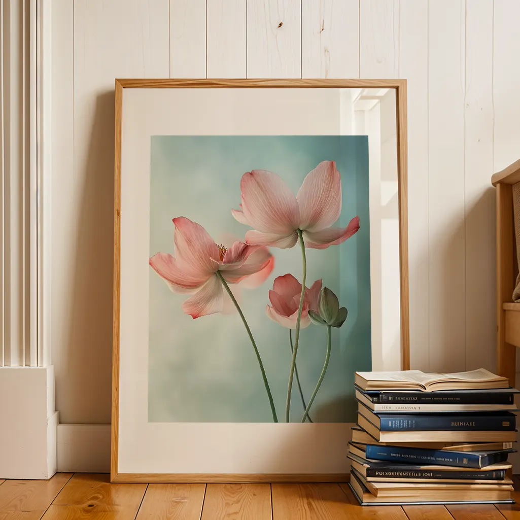 Framed print of pink lotus-like flowers on light blue background, leaning against a wooden wall with a stack of books on the right.