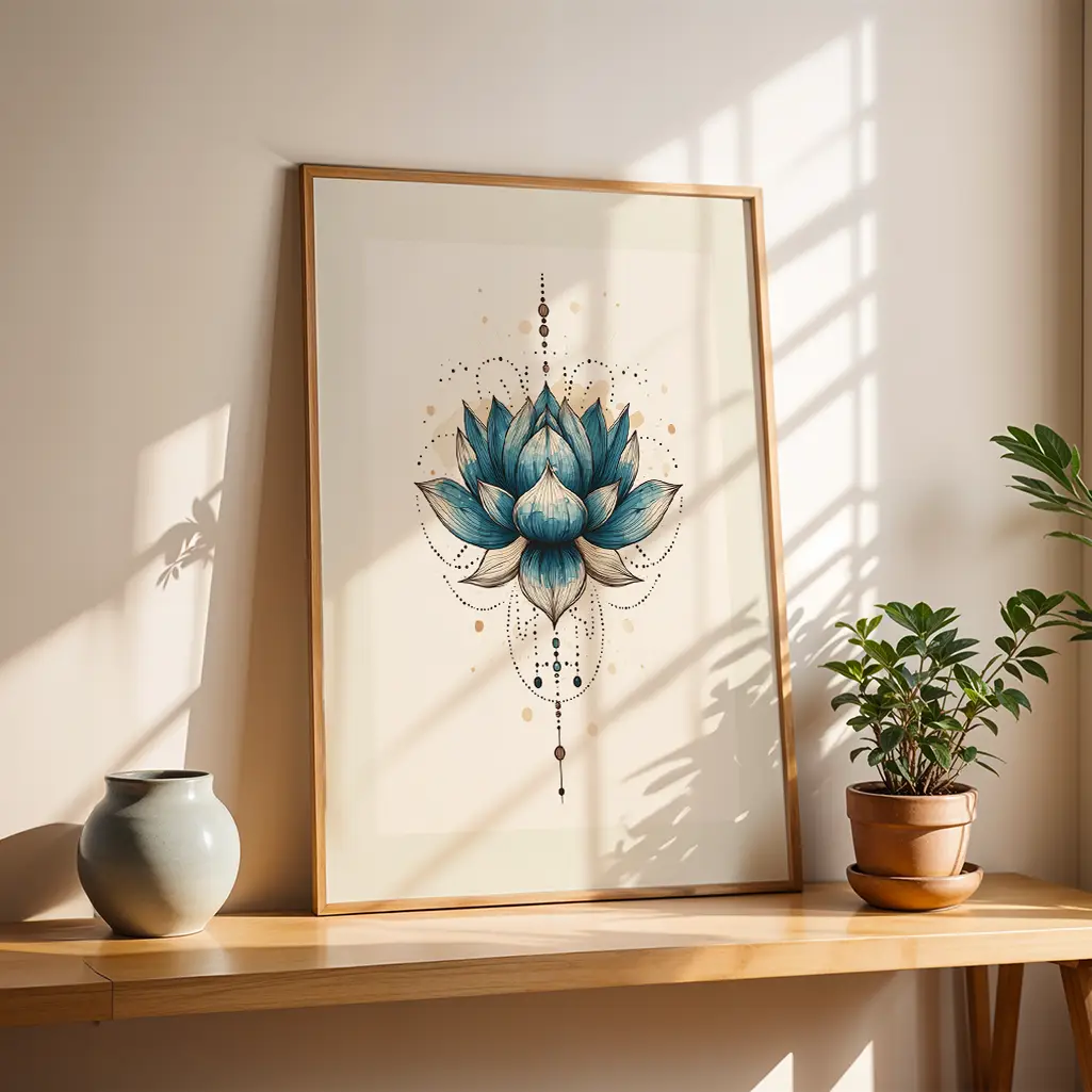 Framed lotus print leaning on a wooden shelf next to a grey vase and a small potted plant, in sunlight.