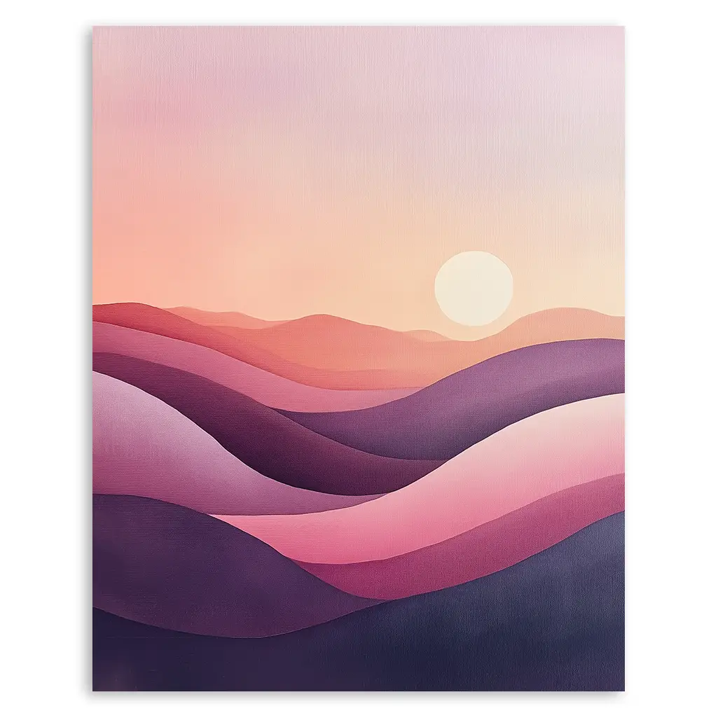 Close-up of a pastel print depicting undulating hills in shades of purple and pink with a pale sun against an orange sky.