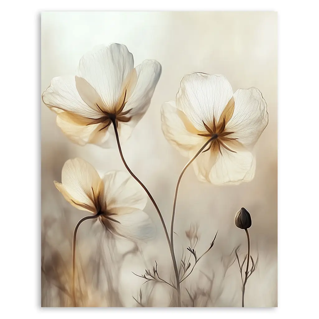 Close-up of a botanical print showing translucent white and pale gold flowers with delicate stems against a soft, muted background.