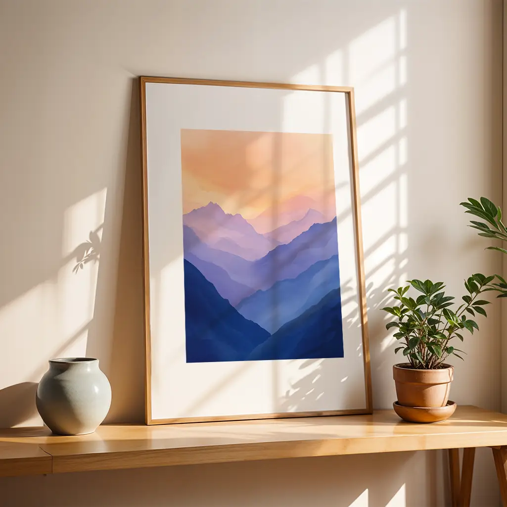 Framed mountain landscape print with blue, purple, and orange hues on a wooden shelf next to a gray vase and potted plant, bathed in sunlight.