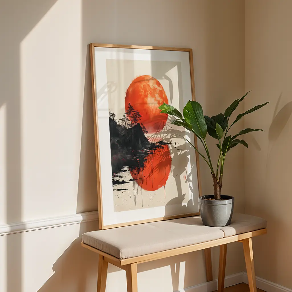 Large framed sumi-e print depicting a red moon and dark land reflected in water, leaning against a clean wall with a green plant and bench.