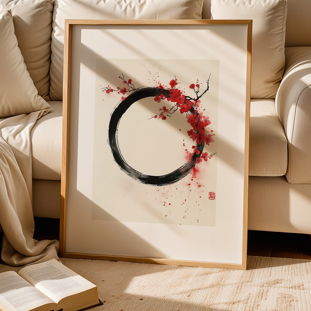 Framed 'Crimson Bloom Ensō Print' leaning against a light beige sofa with cream pillows, natural light streaming in from the side.