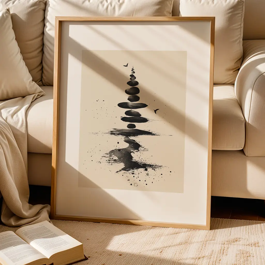 Framed sumi-e artwork of river stones and abstract ink, leaning against a cream-colored sofa with a book open on the carpet.