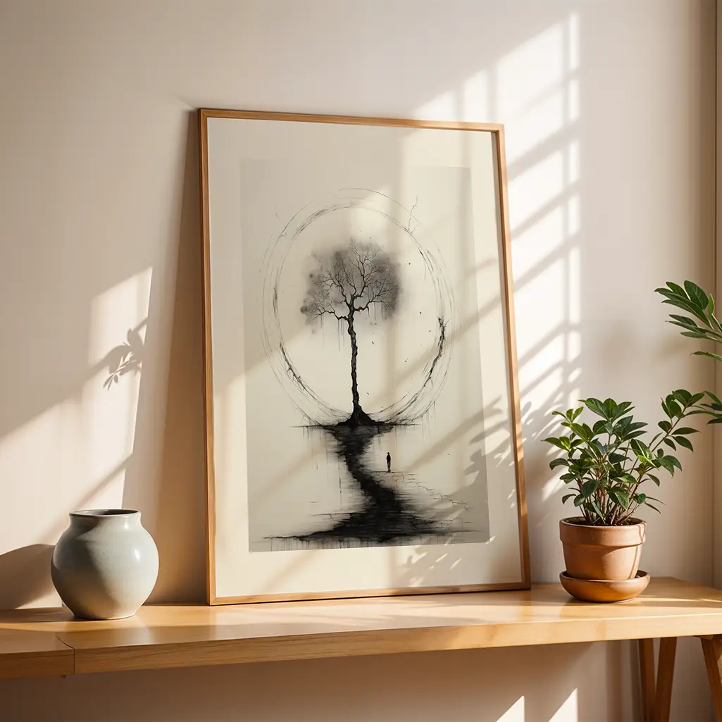 Framed tree artwork with an Ensō circle leaning on a wooden shelf next to a decorative vase and a small potted plant.