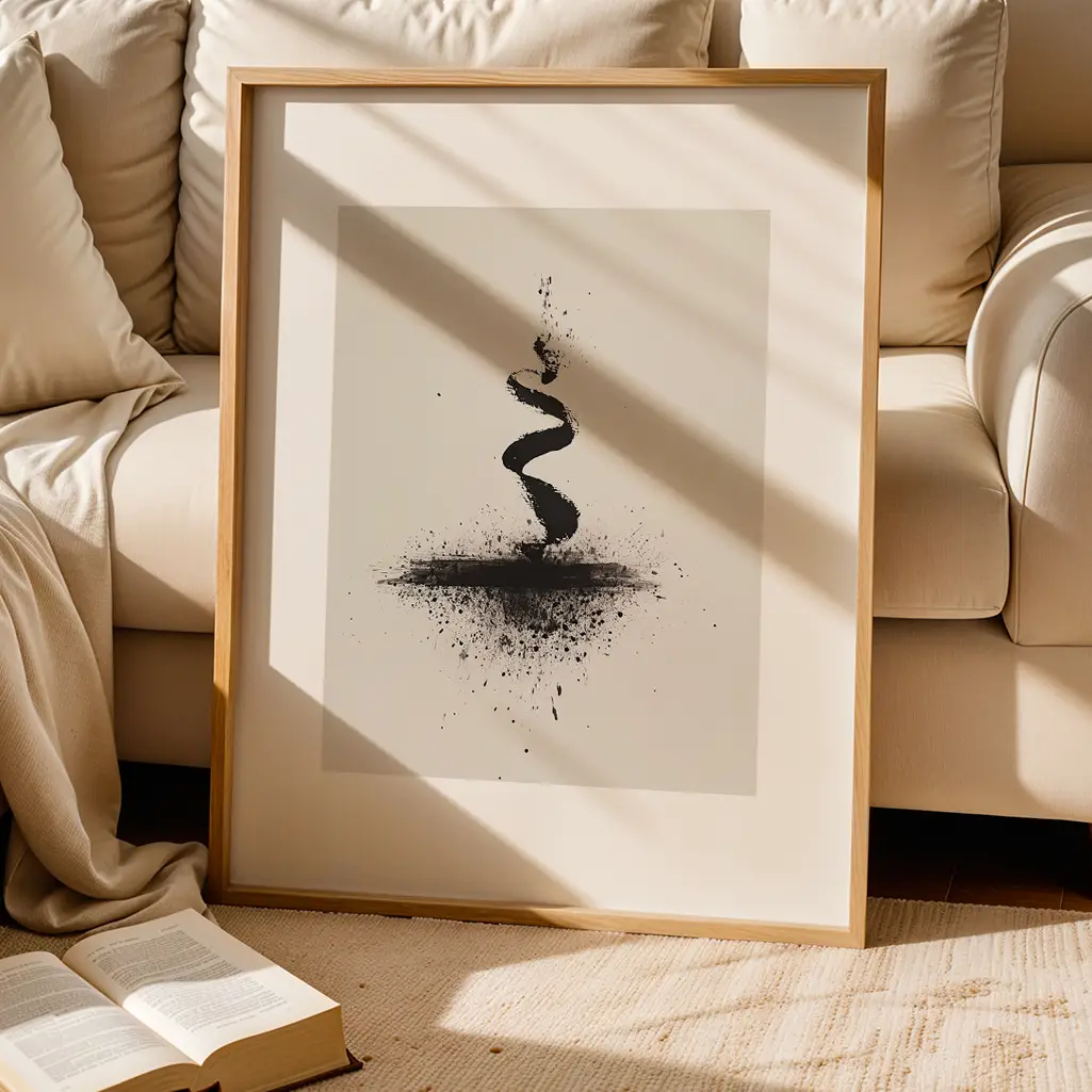 Framed Sumi-e print with a black ink spiral and splatters, leaning against a cream sofa in a living room with an open book on a rug.
