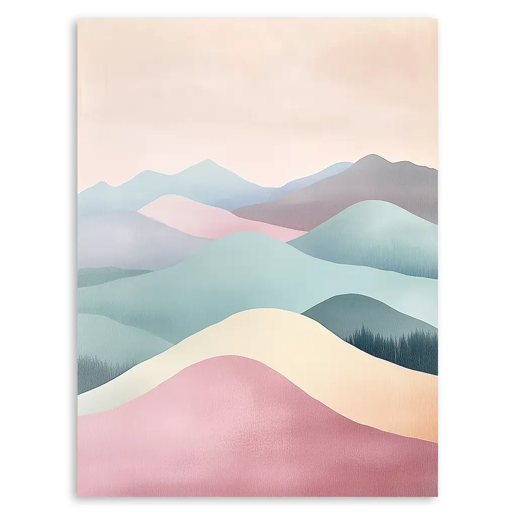 Close-up of a framed pastel abstract landscape print featuring rolling hills in pink, teal, and cream.