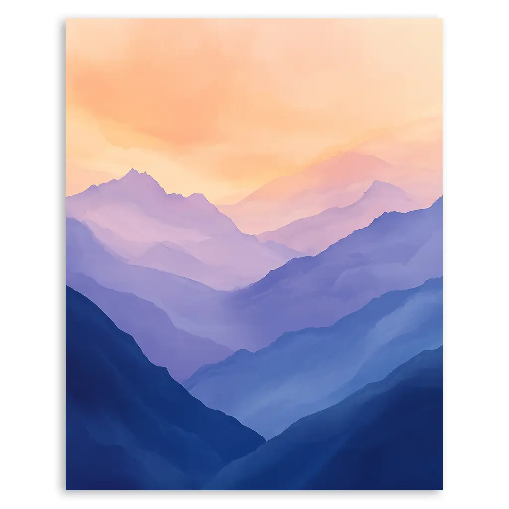 Close-up of a dreamy mountain landscape painting featuring layers of blue and purple peaks under an orange and pink sky.