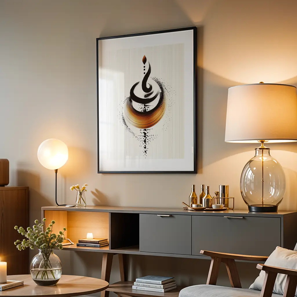 A framed abstract art print with black and amber brushstrokes hanging above a modern sideboard with lamps and decor in a living room.