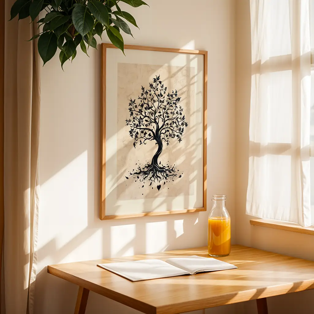 A framed black tree silhouette print hanging on a light wall above a wooden table with a glass of juice and an open book, next to a window with sheer curtains.