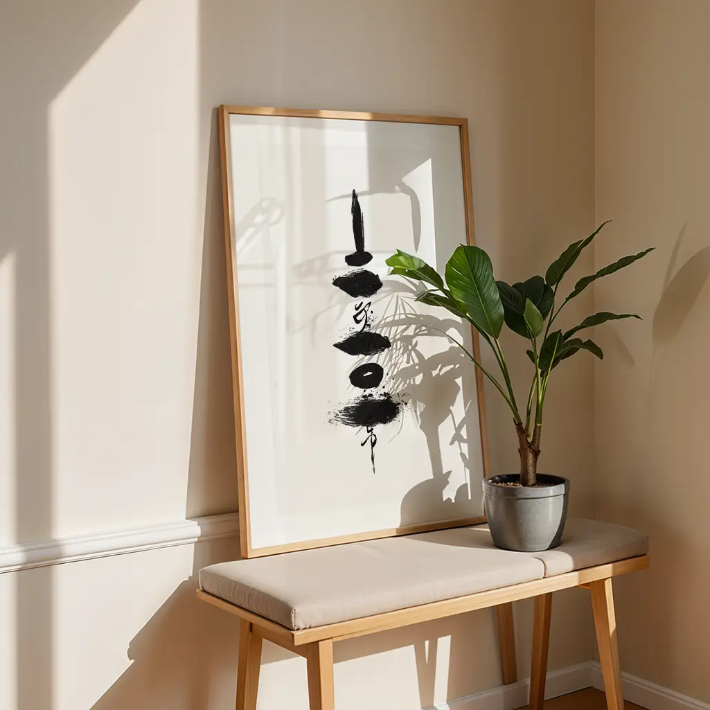 A framed Ensō print showing stacked brushstrokes leans against a light wall, behind a neutral upholstered bench and a large green potted plant.