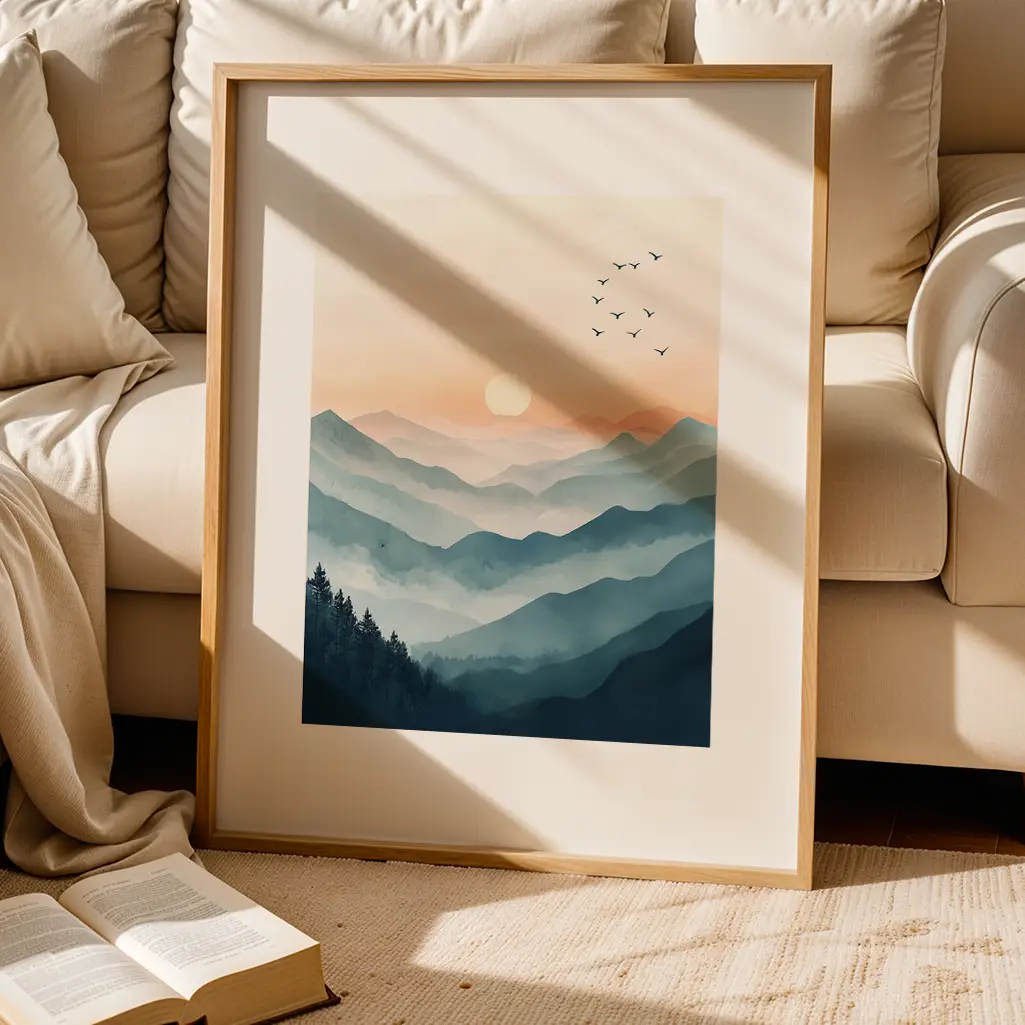 Framed pastel mountain print on a rug with a book, next to a sofa.