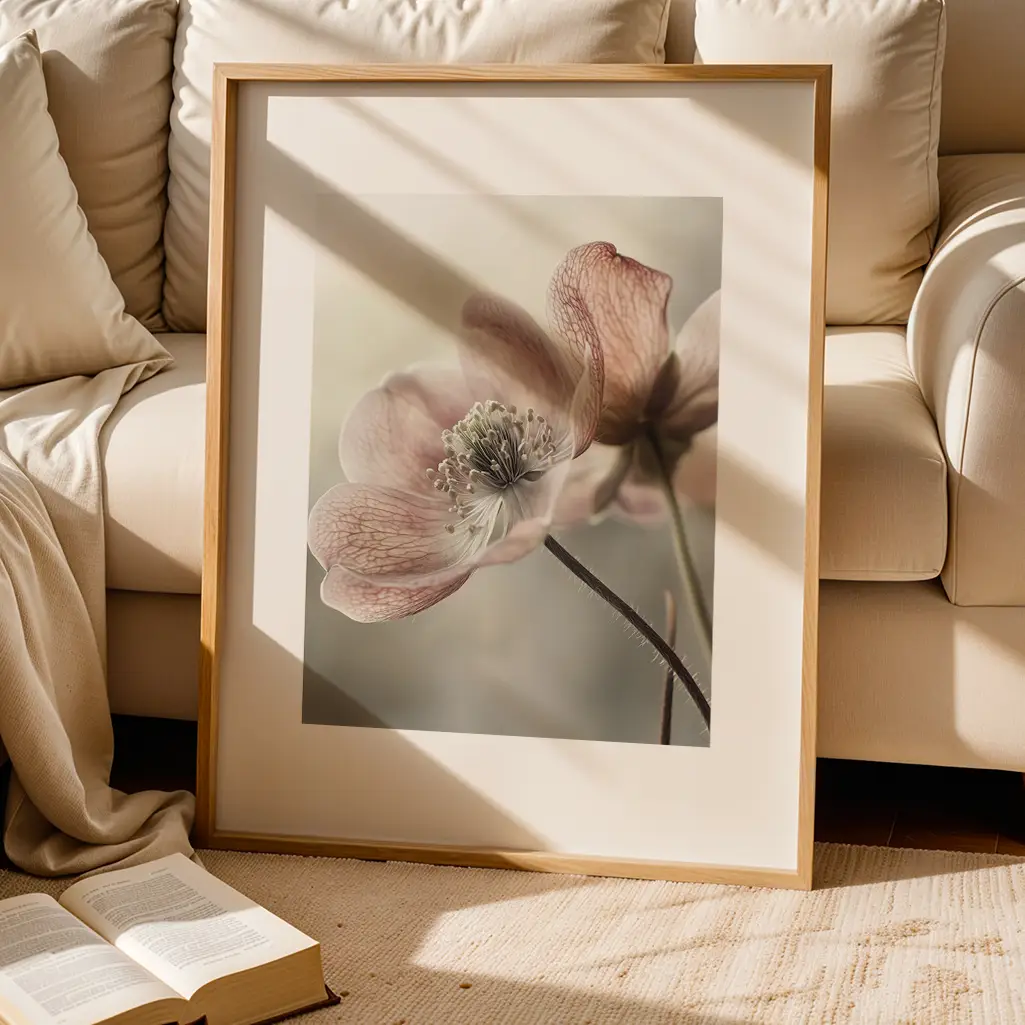 Framed print of a pale pink flower leaning against a cream-colored sofa with a book on the floor.