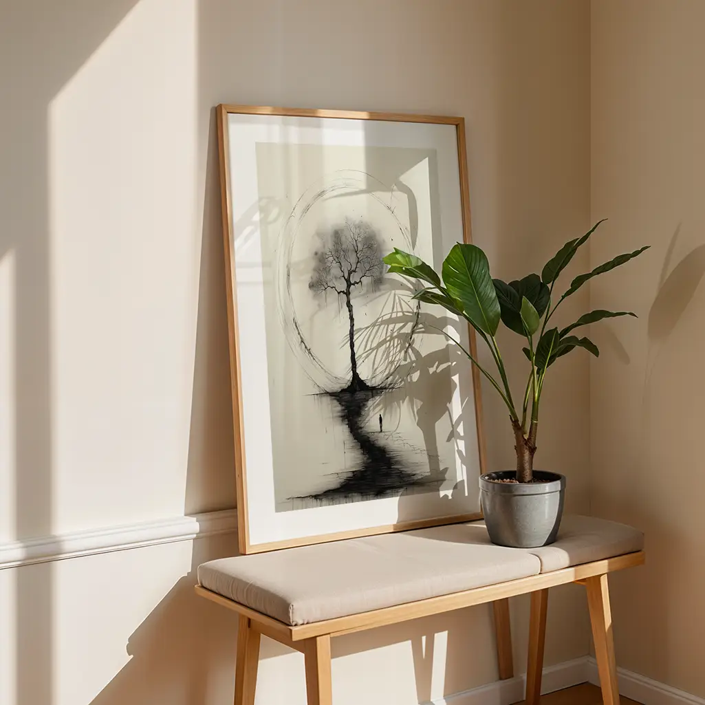 Framed tree artwork with an Ensō circle leaning against a wall on a light bench next to a green potted plant in a sunny room.