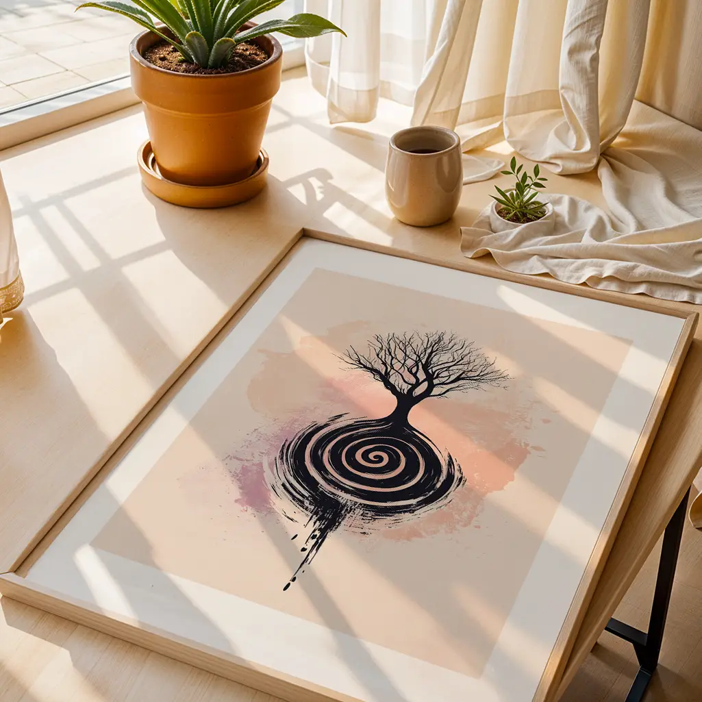 Framed print on a light wood surface, seen from above, showing a barren tree atop a black spiral on a pastel background.