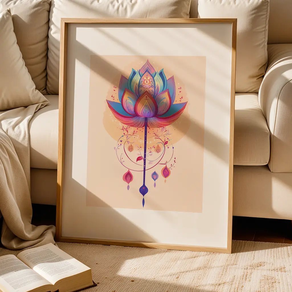 Framed vibrant lotus print leaning against a cream couch with an open book on the floor.