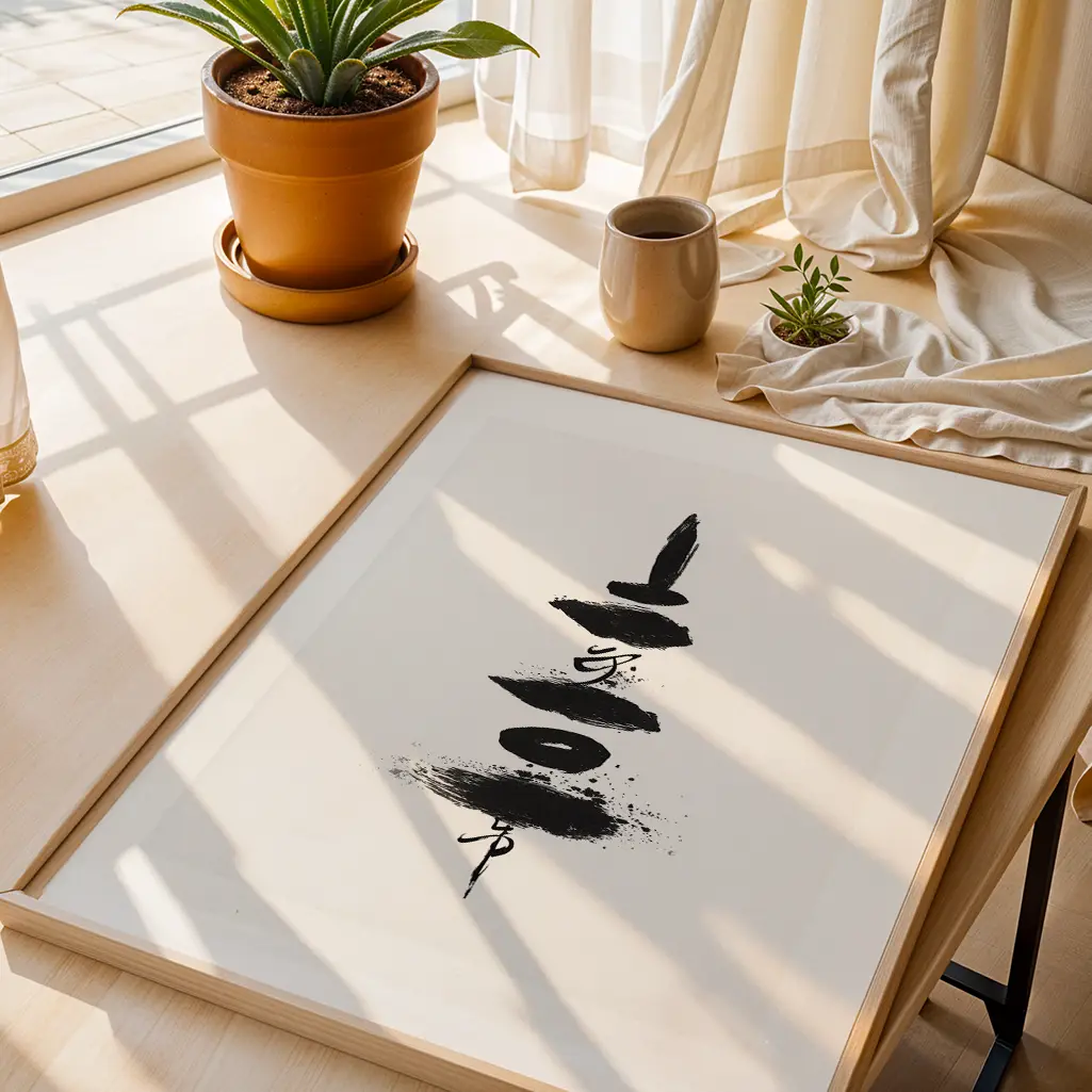 An overhead view of a framed Ensō print with stacked brushstrokes on a light wooden table, next to potted plants and a ceramic cup.