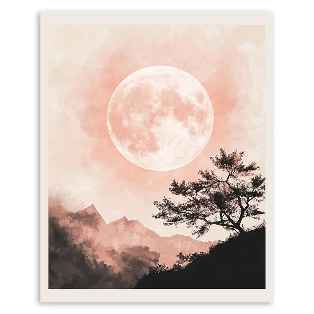 Close-up of the artwork: a large, pink full moon dominates a pastel sky above dark mountains and a single silhouetted tree.
