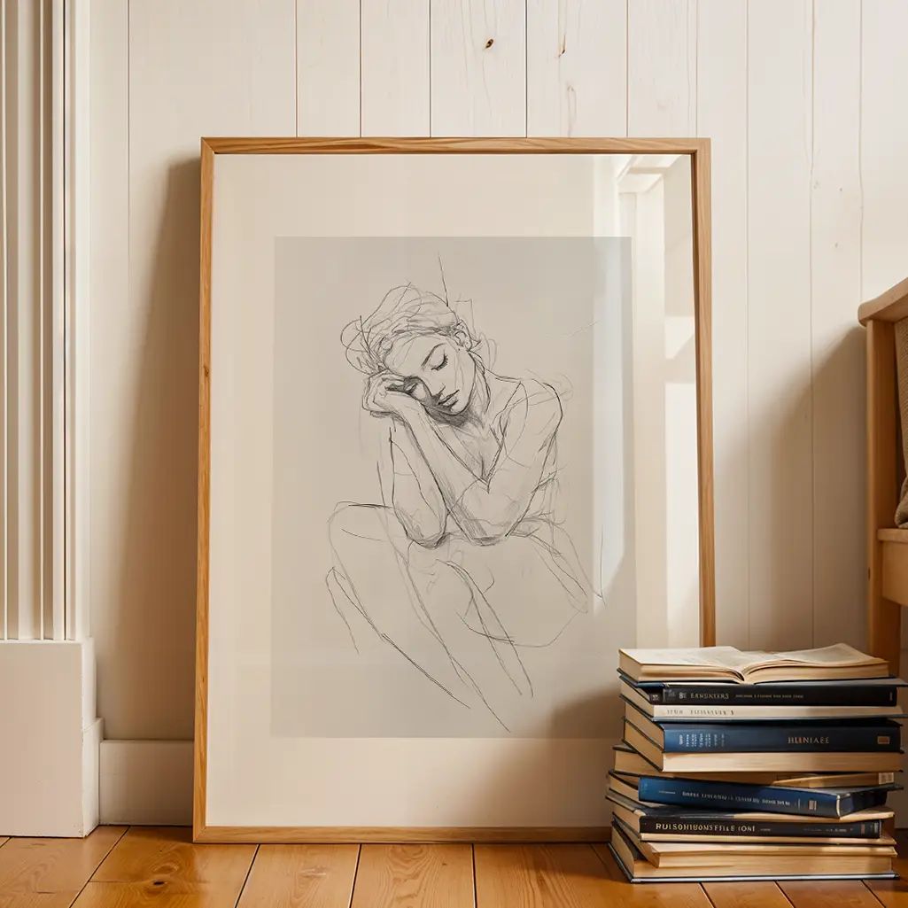 Framed sketch of a resting woman on a wooden floor leaning against a white wall next to a stack of books.