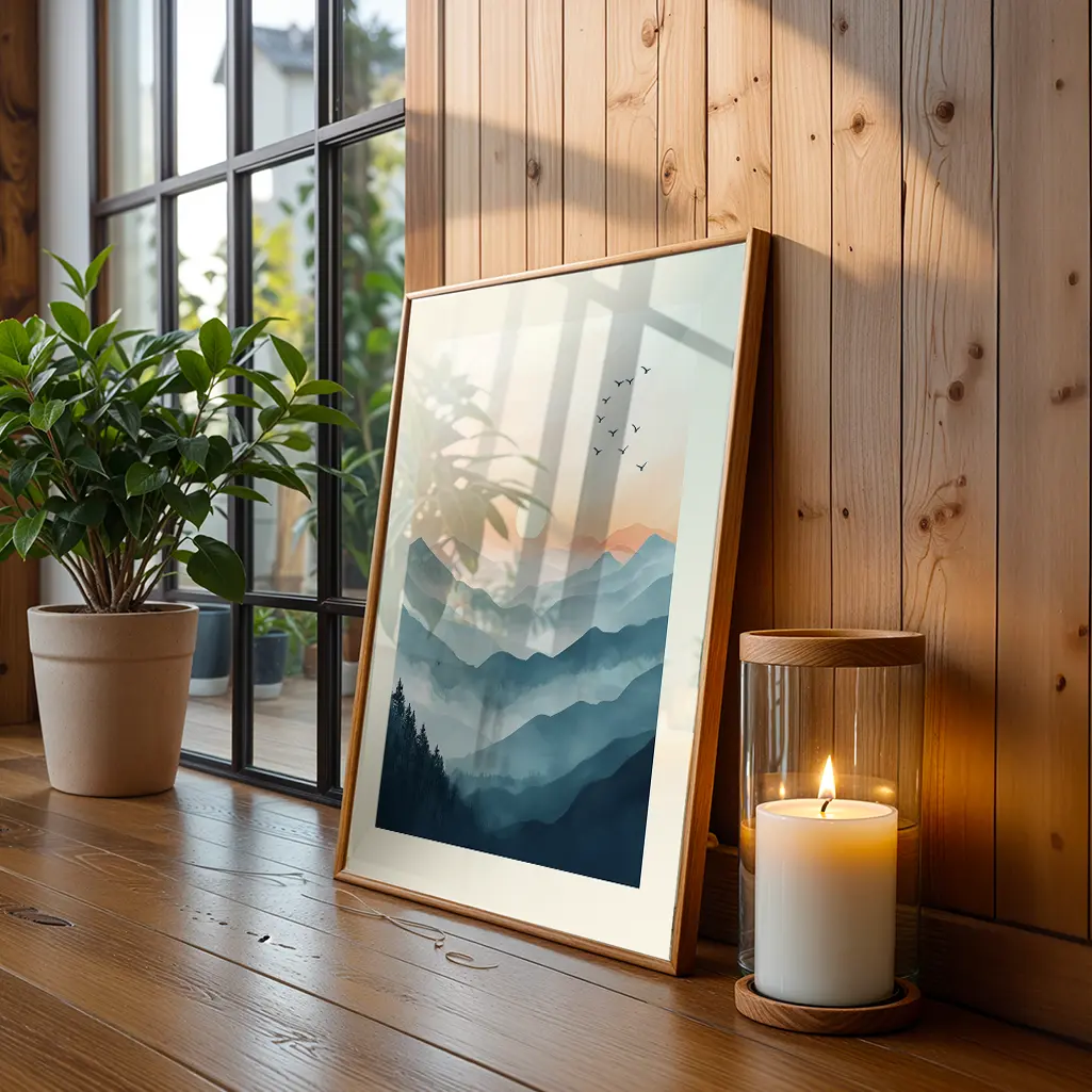 Framed pastel mountain print next to a potted plant and a lit candle.