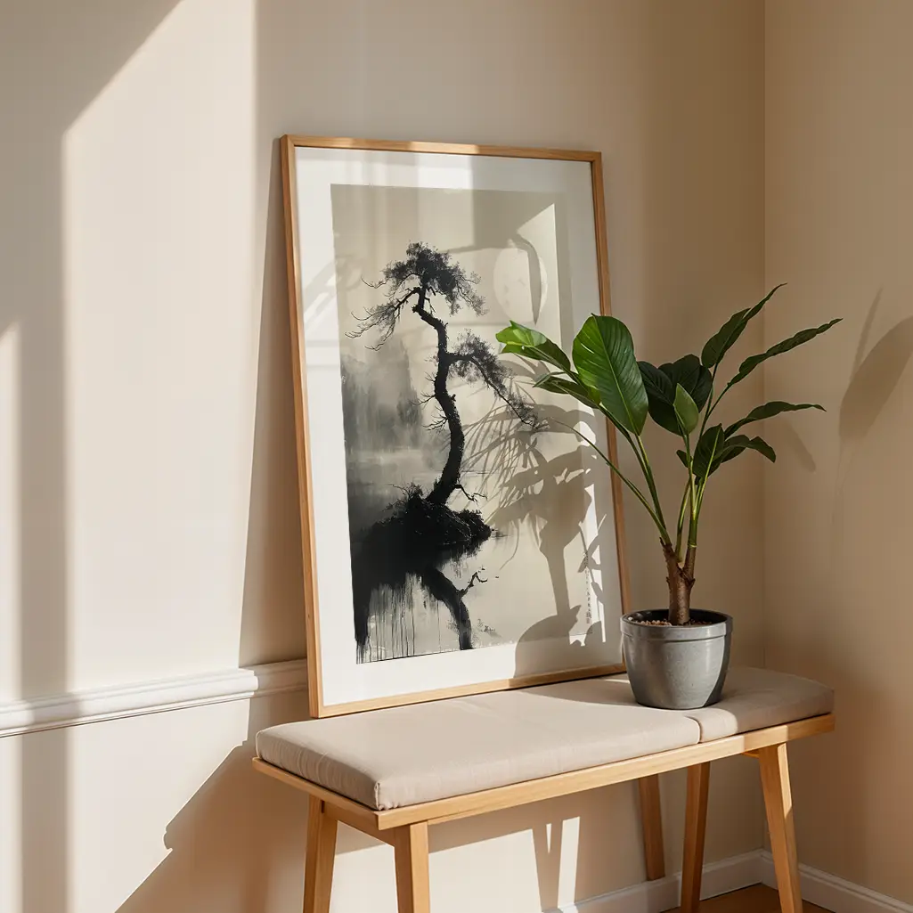 Framed sumi-e print of a gnarled tree and full moon leaning against a cream wall, on a light wooden bench with a gray potted plant.