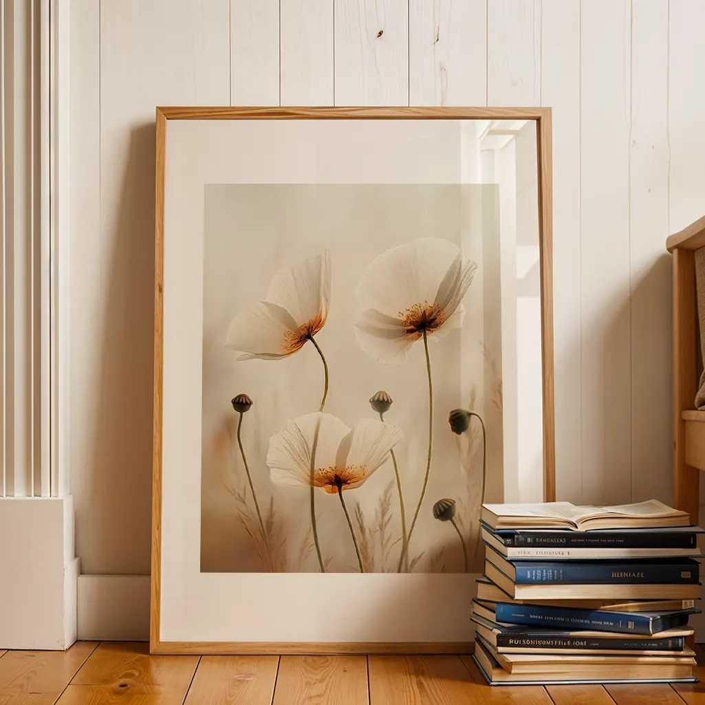Framed print of white poppies leaning against a white wooden wall, with a stack of books on a wooden floor.