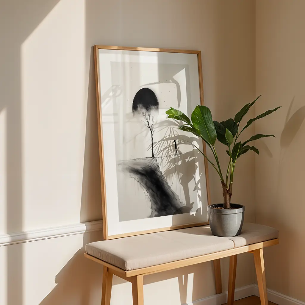 Large framed Sumi-e print leaning against a light wall, next to a bench and a potted plant in sunlit room.