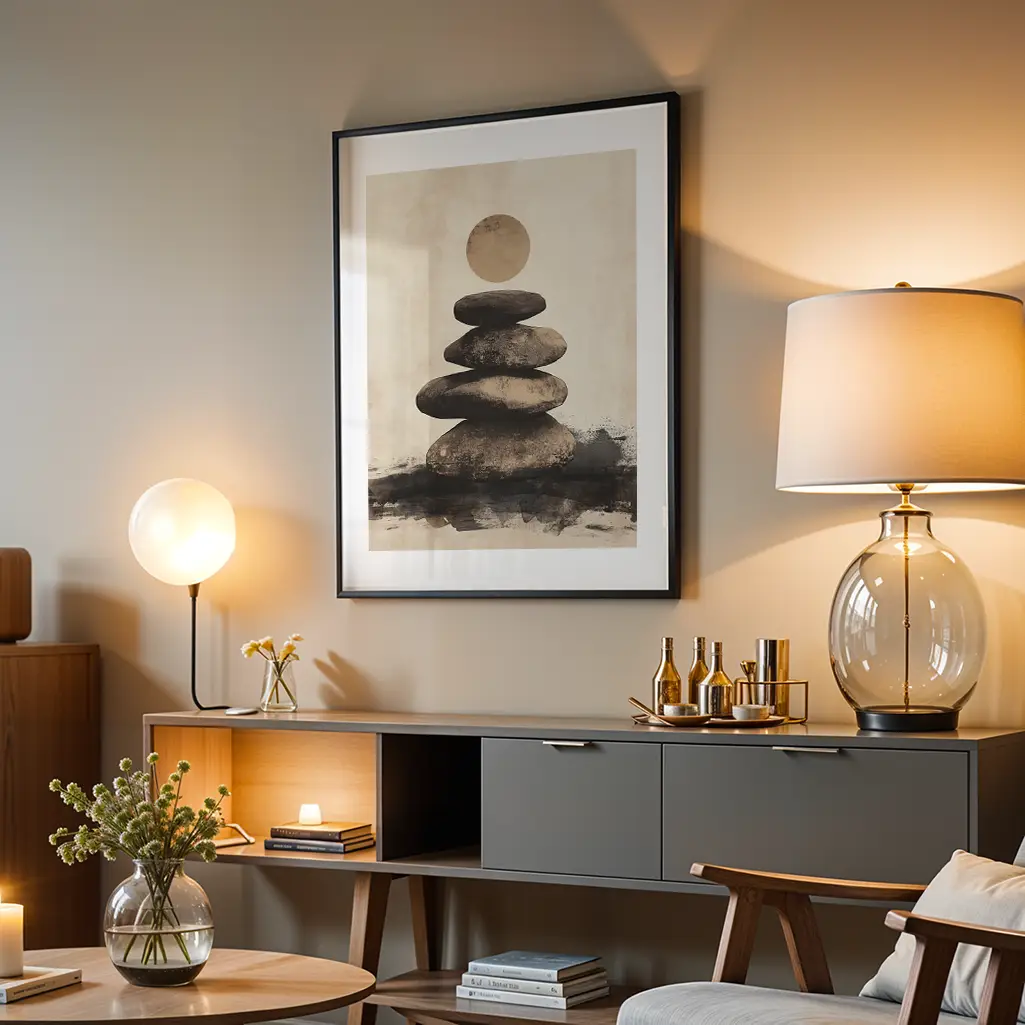 Framed print of stacked stones under a moon, hanging in a modern living room above a grey console table with lamps and decor.