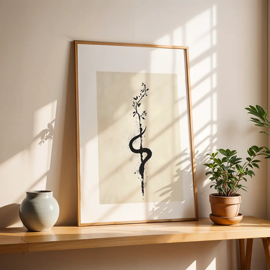 Unalome print in a wooden frame on a light wooden shelf next to a gray vase and a potted plant, with window shadows.