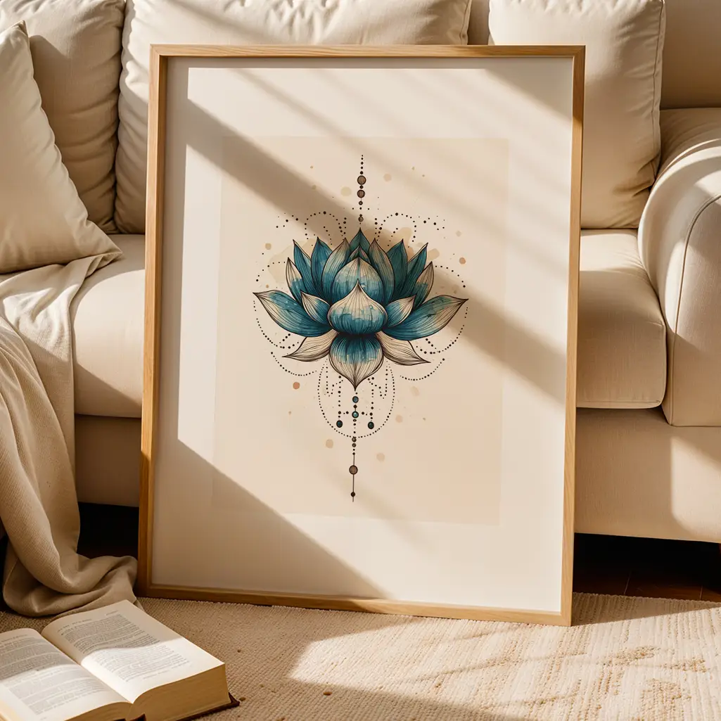 Framed lotus print on a rug in front of a white sofa with a book open beside it.