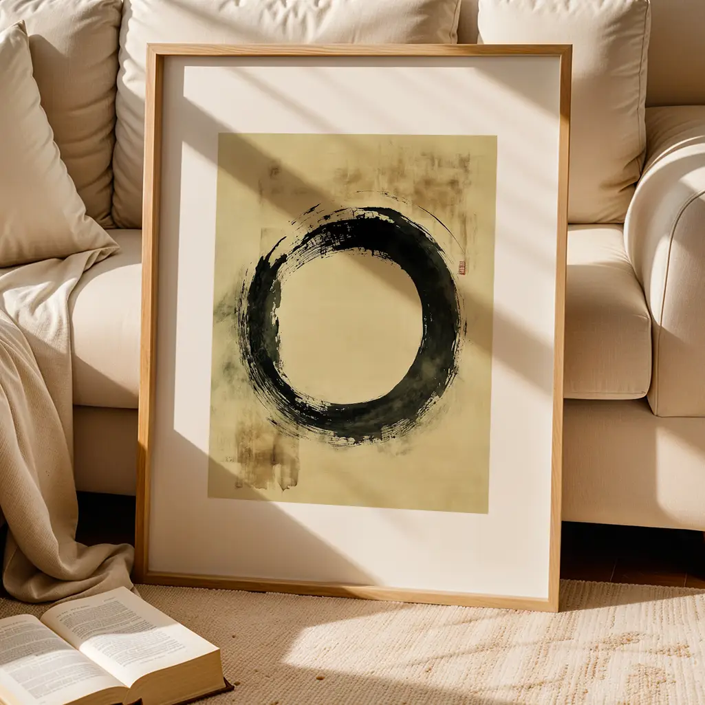 Framed black Ensō print on a light rug in front of a cream sofa with cushions, an open book nearby.