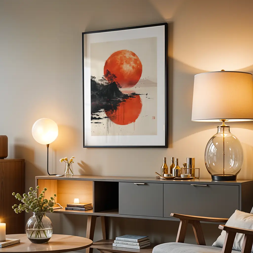 Framed sumi-e print of a red moon and dark landscape reflected in water, displayed on a wall above a minimalist sideboard with lamps.
