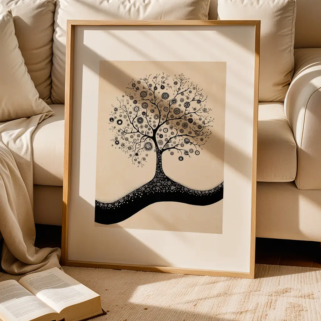 Framed black and white tree illustration leaning on a beige sofa with a book on a rug.