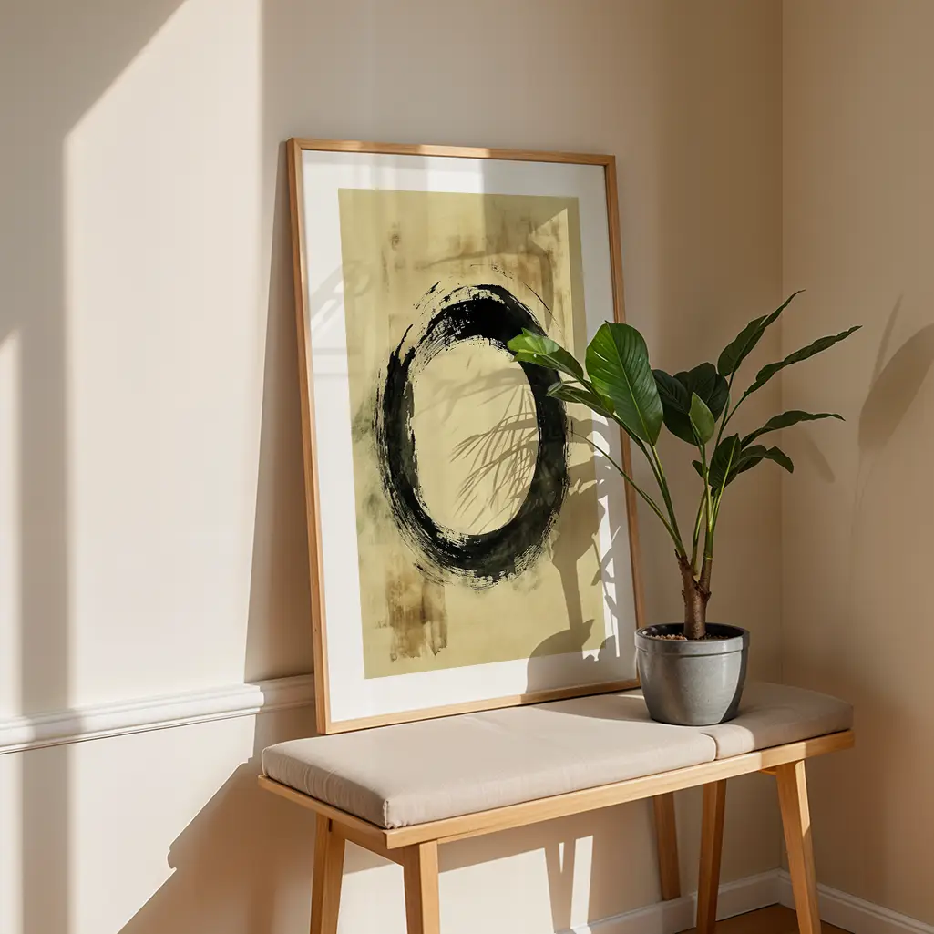 Vertically oriented black Ensō print in a wooden frame next to a potted plant, resting on a minimalist wooden bench.