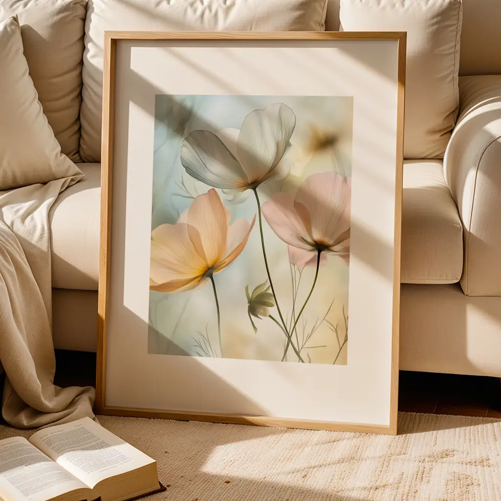 Framed botanical print on floor next to a white sofa and open book. Soft light streams in.