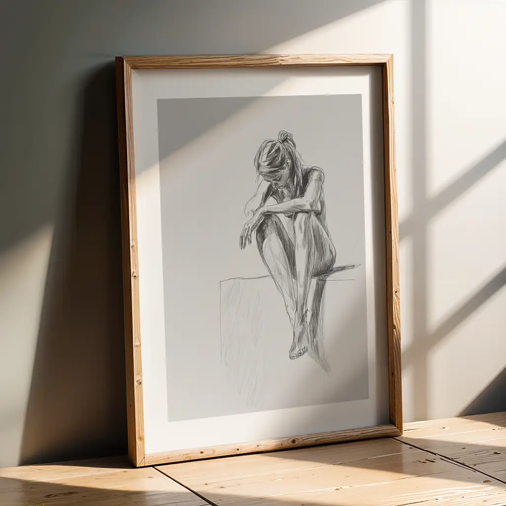 A framed sketch of a person in a pensive pose, leaning against a gray wall on a wooden floor with dappled sunlight.