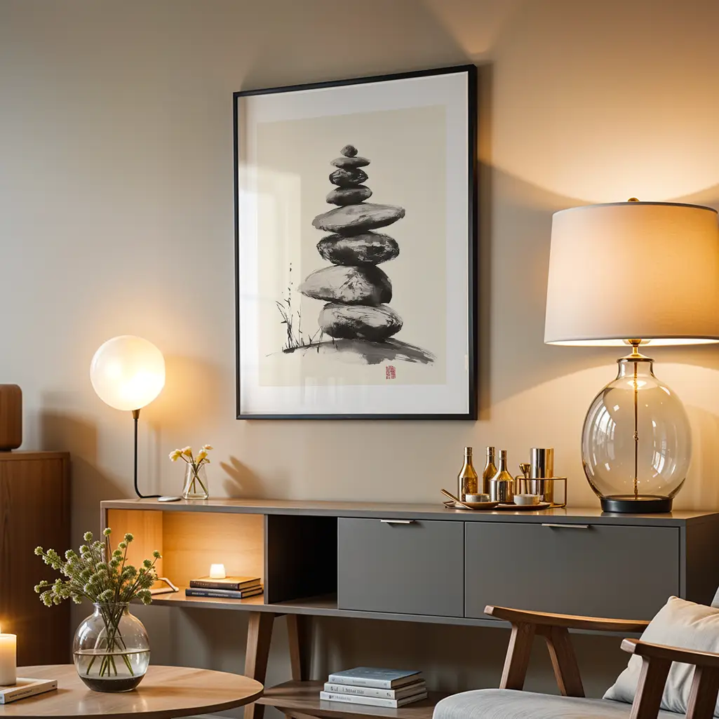 Framed Sumi-e print of stacked rocks in a dimly lit living room above a grey console table with lamps.