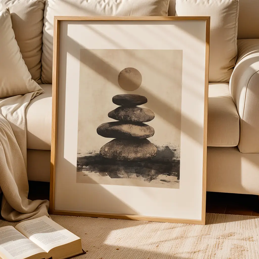 Framed print of stacked stones under a moon, resting on a rug in front of a beige sofa with an open book.