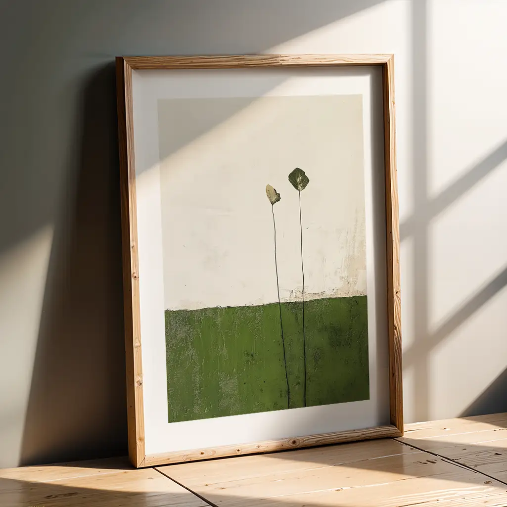 Framed botanical print depicting two abstract green plants from a textured green base, leaning against a gray wall on a wooden floor.