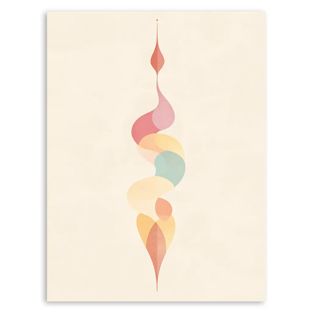 Close-up of the Unalome print featuring soft, flowing shapes in pastel colors on an off-white background.