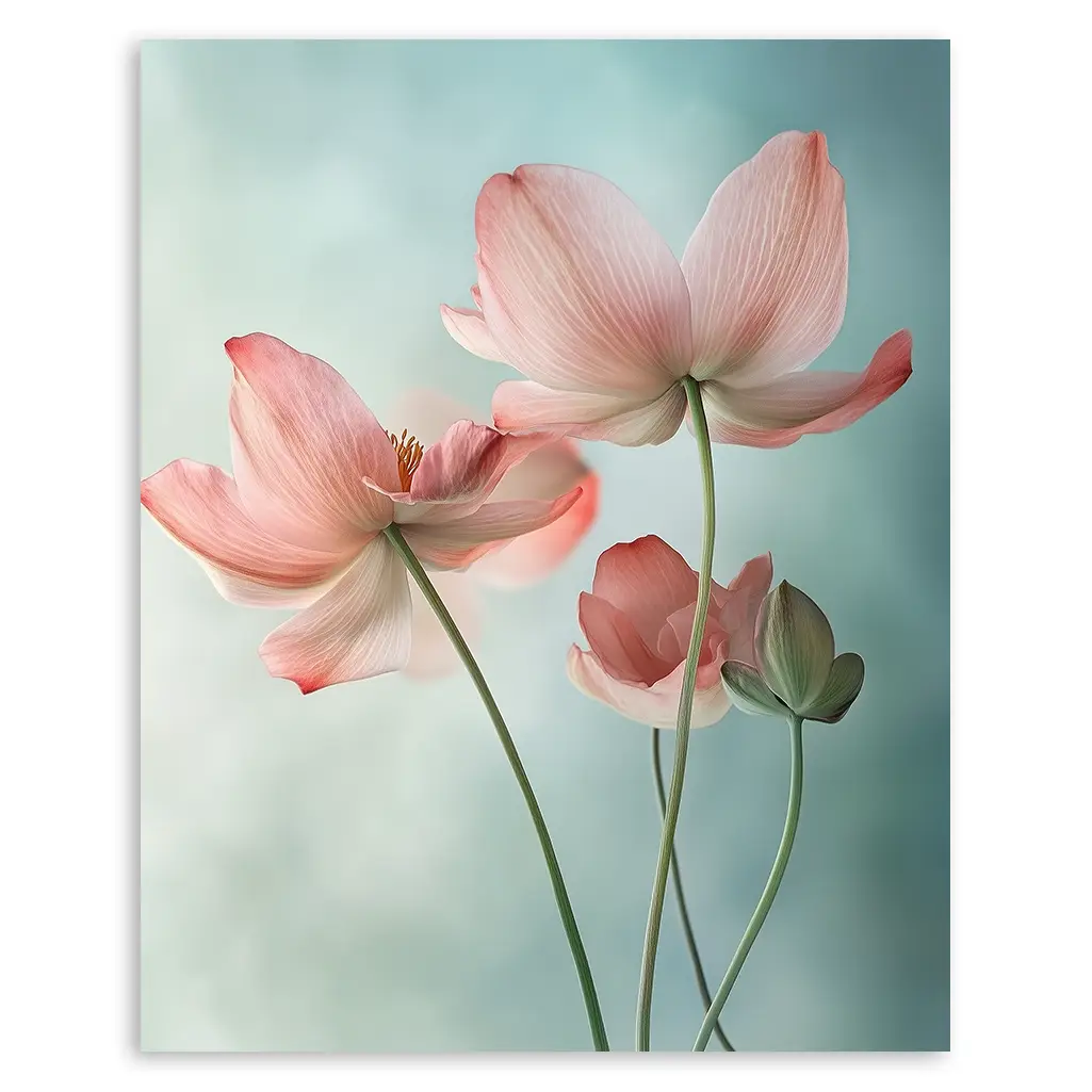Close-up of the artwork showing translucent pink lotus-like flowers with long stems against a blurred light blue background.