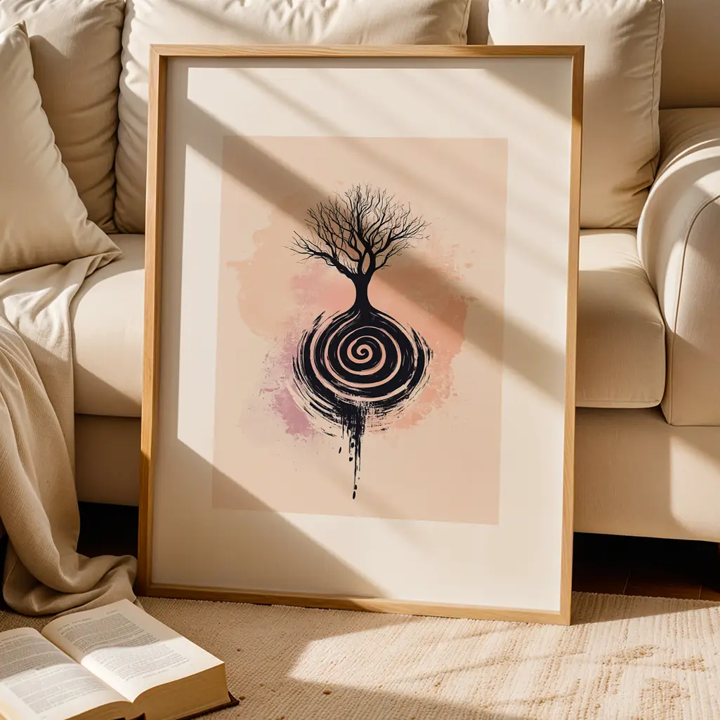 Framed print leaning on a light rug in front of a neutral-colored sofa, depicting a tree and black spiral design.