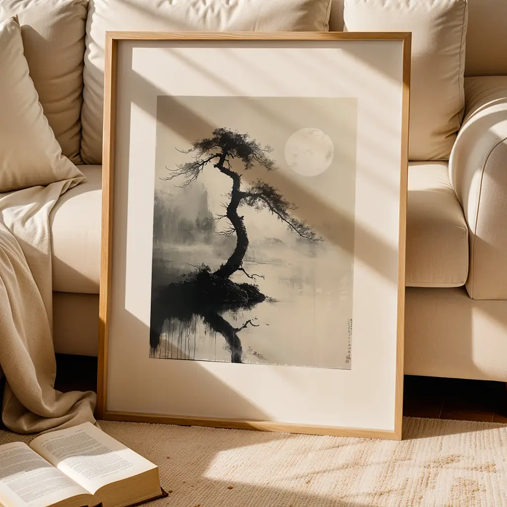 Framed sumi-e print of a gnarled tree and full moon leaning on a plush cream carpet next to a beige sofa and an open book.