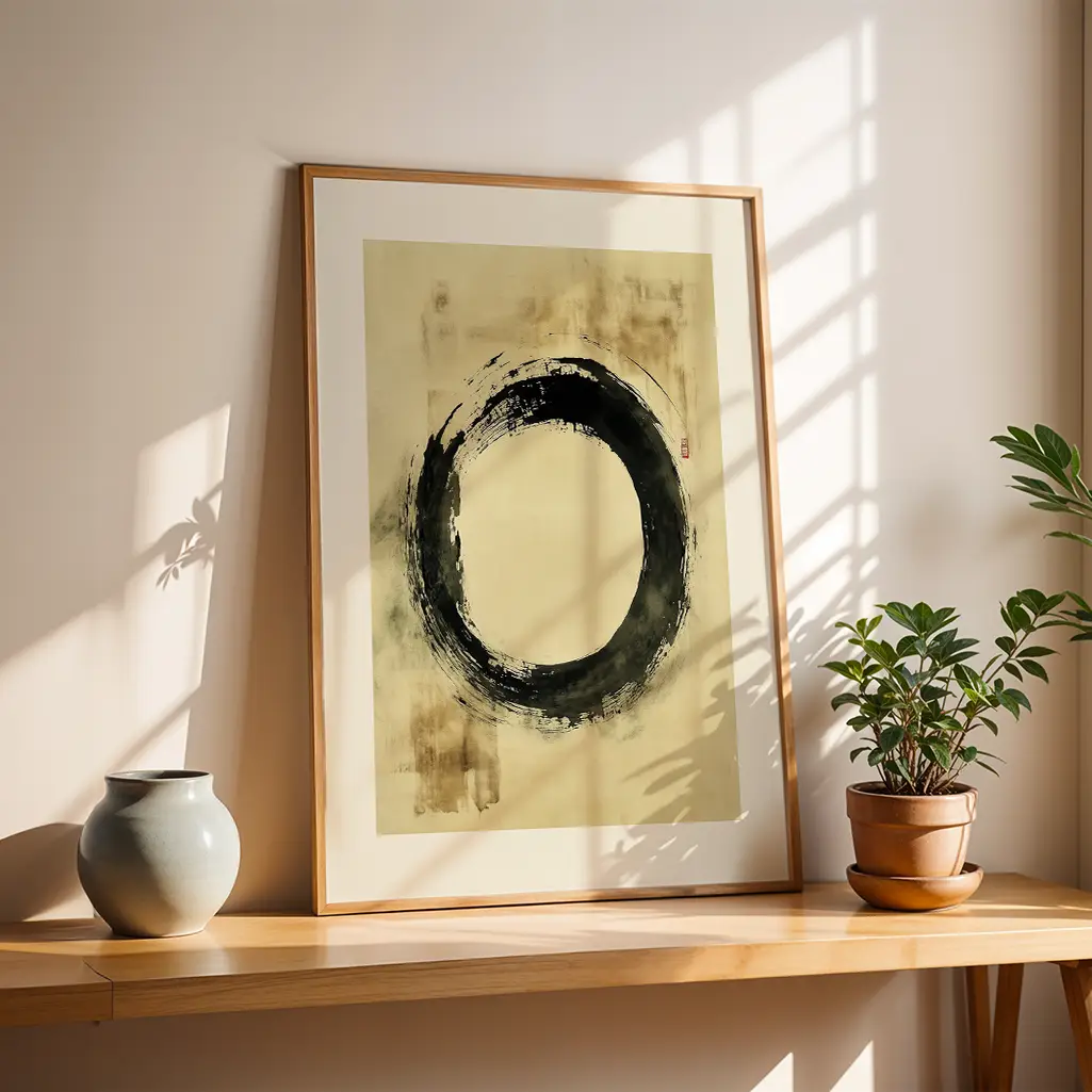 Black Ensō print in a wooden frame leaning against a light wall on a wooden shelf, with a vase and plant. Sunlight casts shadows.