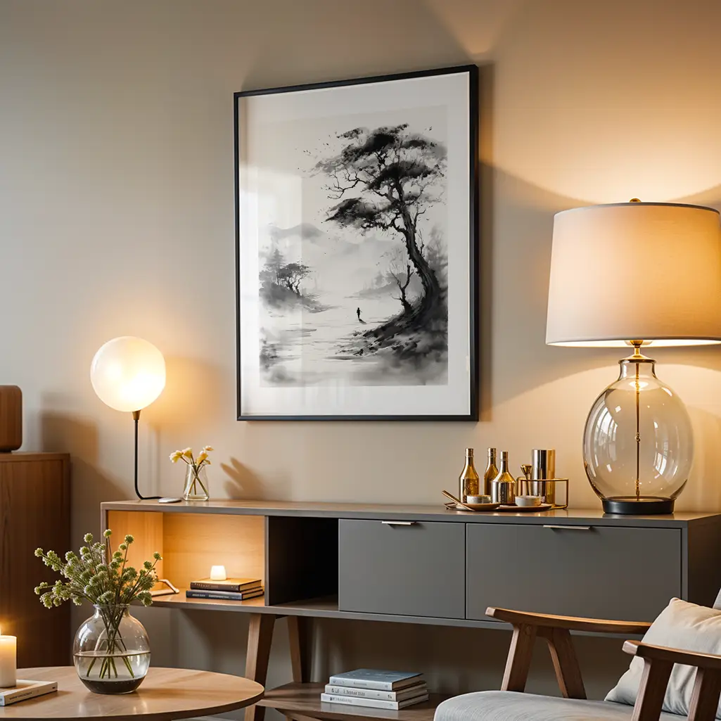 Sumi-e print with a black frame hanging on a wall above a console table with lamps and decor.