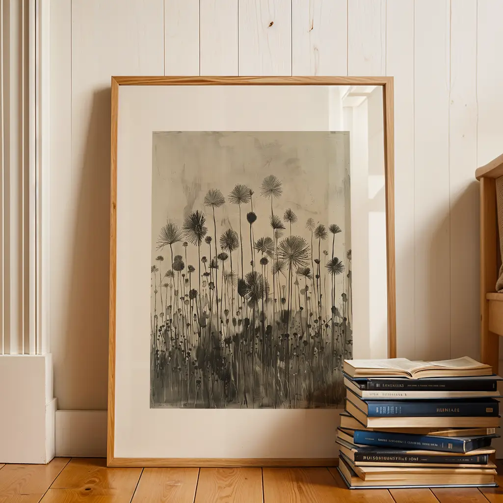 Framed botanical print showing dark, fan-shaped flowers and tall grasses in a light background, leaning against a white paneled wall. A stack of books is beside it.