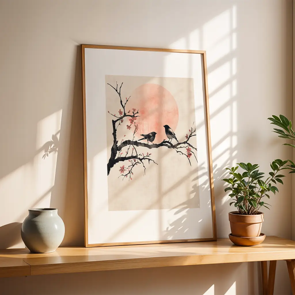 A framed botanical print with two birds on a cherry blossom branch and a pink sun, placed on a wooden shelf with a vase and a potted plant.